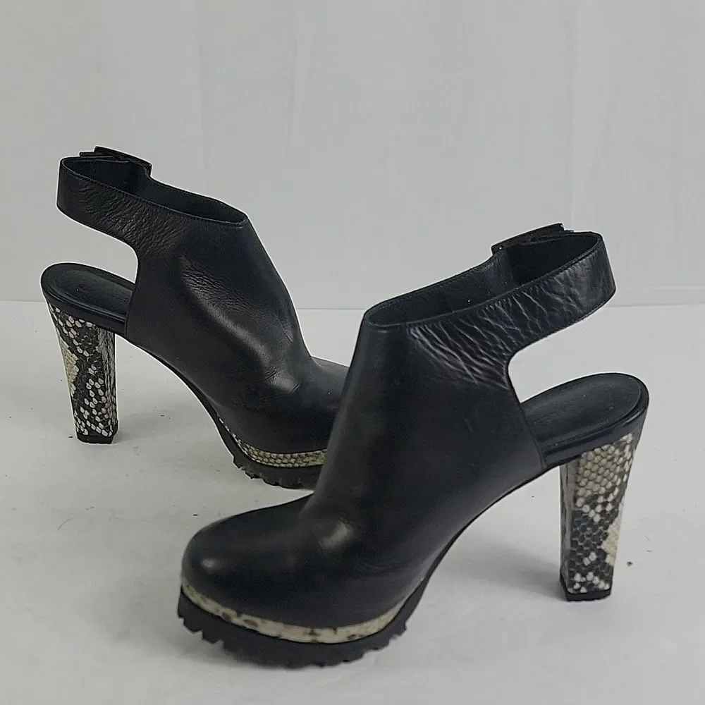 AllSaints Sarris Black White Snakeprint Platform Slingback Booties